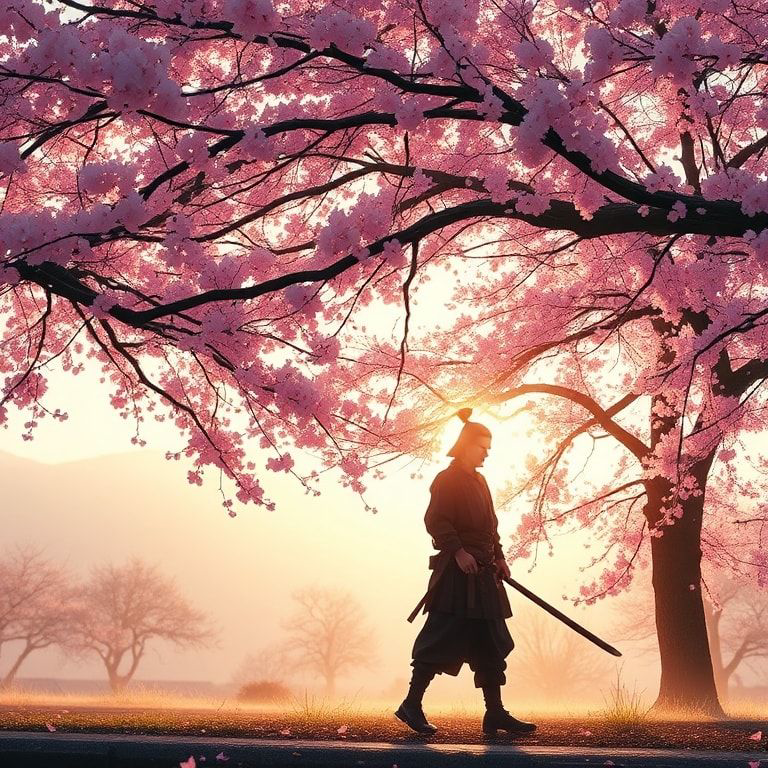 A lone samurai stands beneath a canopy of delicate pink cherry blossoms, his katana resting at his side, bathed in the soft golden light of early morning, surrounded by a gentle breeze that stirs t...