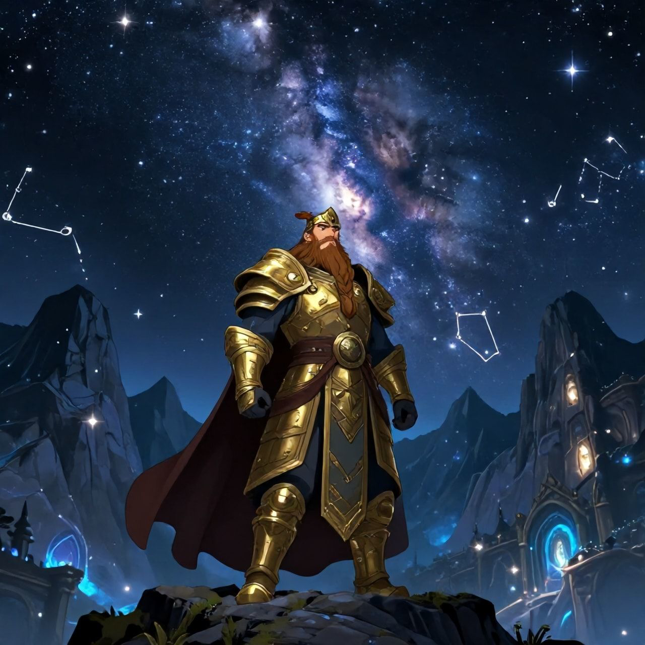 Dwarven starry night over mountains fantasy landscape, majestic dwarven warrior with long braided beard and ornate golden armor standing proudly on mountain peak under starry night sky, countless stars and constellations twinkling above, Milky Way arching across dark sky, mountain peaks silhouetted against star-filled heavens, ancient dwarven architecture on mountain slopes, ethereal blue and silver lighting from starlight, magical atmosphere, cinematic composition, cartoon style, anime art style, fantasy art style, proud and mystical mood, detailed and atmospheric, mystical glowing stars, elegant dwarven woman in ceremonial dress, strong expression, noble beauty, animated style, vibrant colors