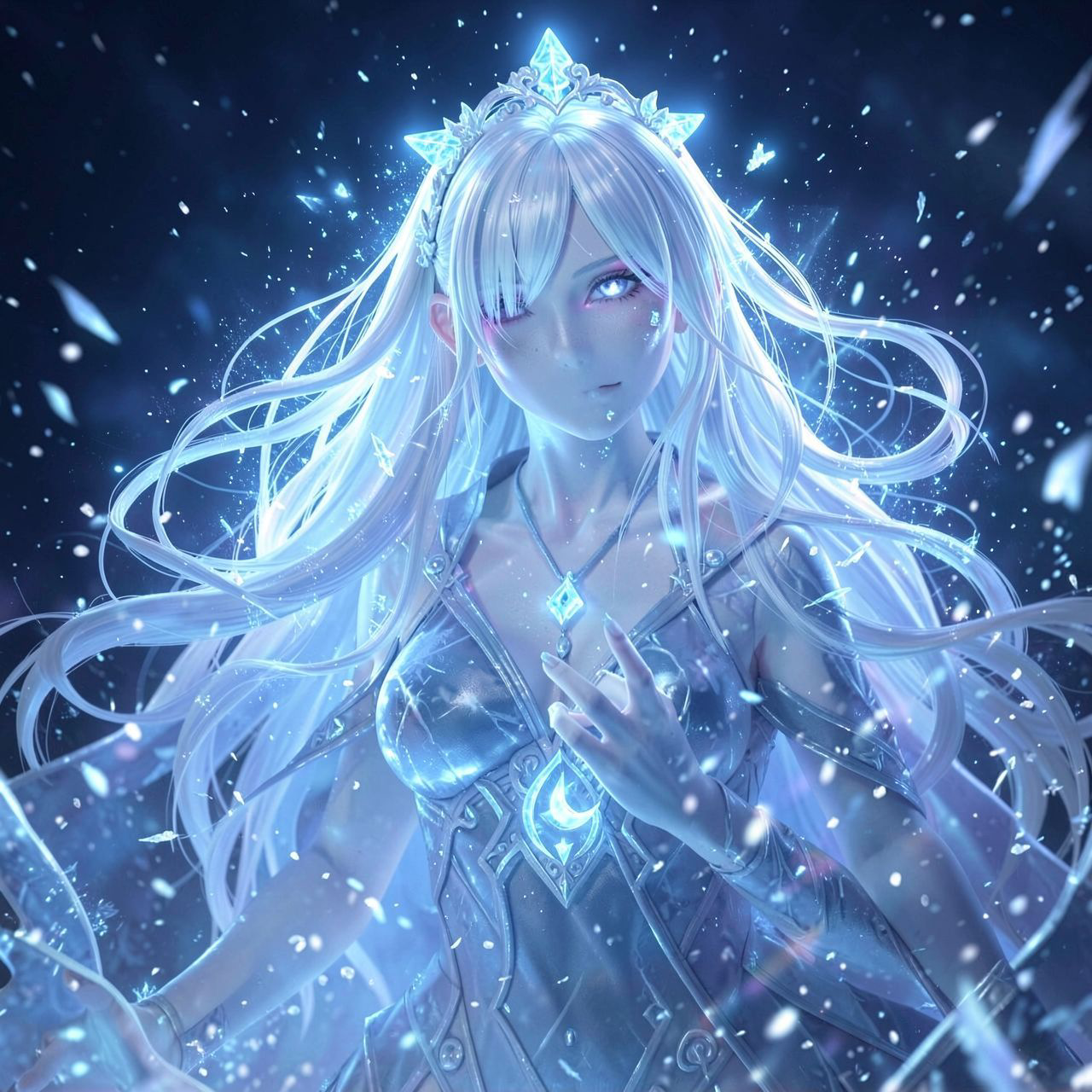 ethereal frozen oracle girl, pale icy skin, white-silver hair, luminous moon sigil, frost particles, cosmic silence, cinematic ultra-detailed