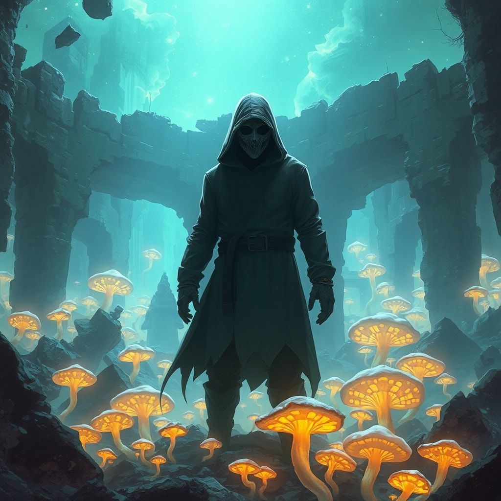 bioluminescent fungi pulse in the ruins below. A lone, hooded figure stands..