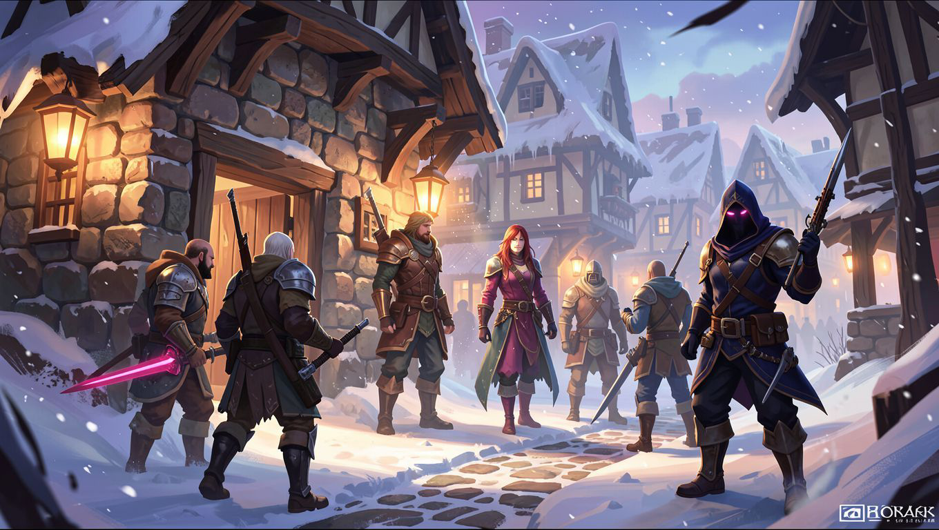 A quaint stone tavern nestled in a snowy village, its warm lantern light spilling onto the frost-kissed path where a band of adventurers and a hooded figure with glowing eyes gather beneath a creak...