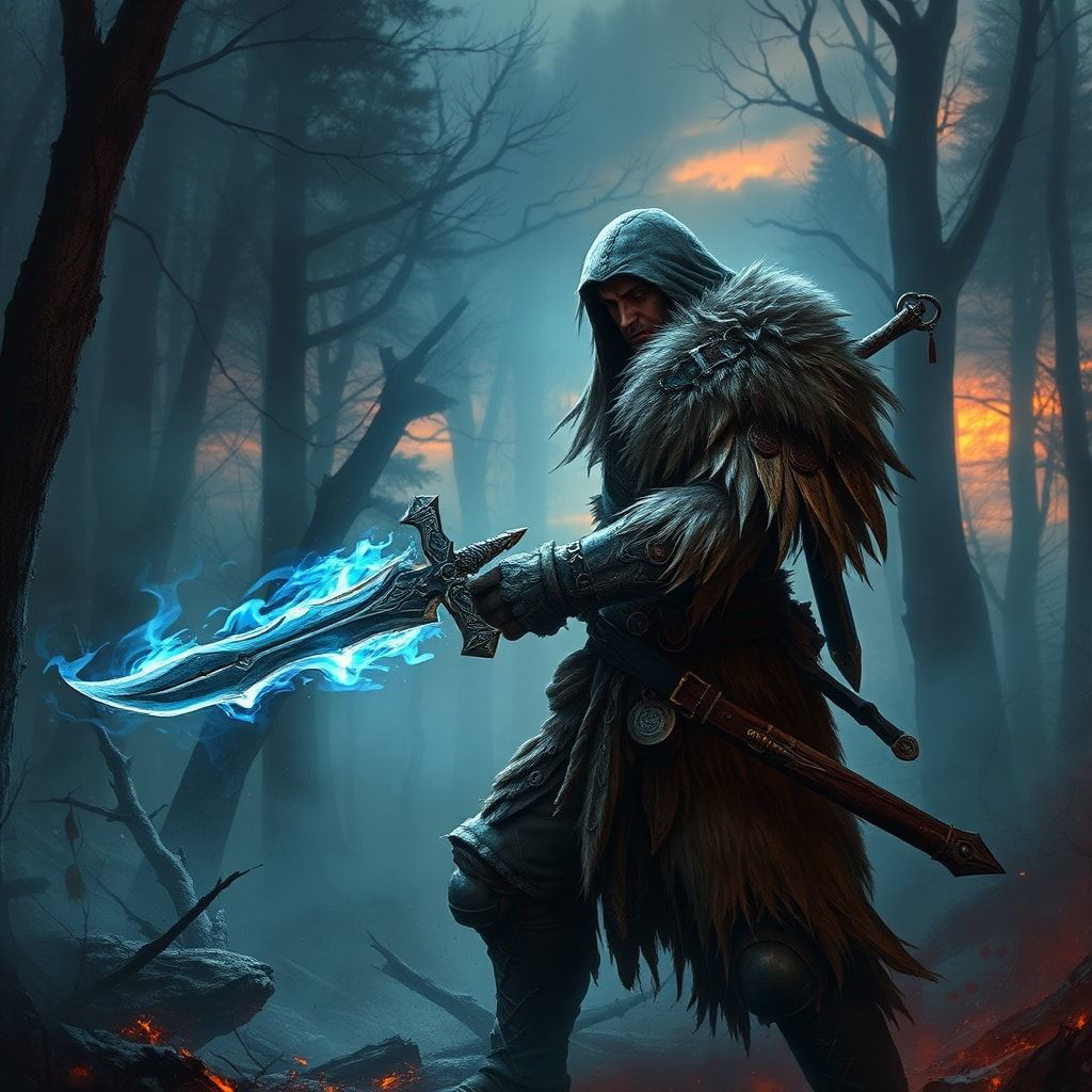 A battle-worn fantasy warrior, clad in tattered fur and enchanted steel, stands amidst a mist-shrouded forest at dusk, his sword glowing with ethereal blue flames as he faces an unseen foe, surroun...