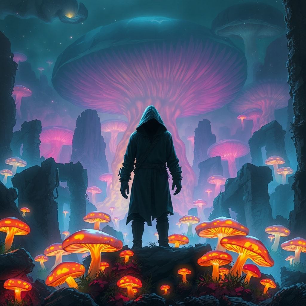 bioluminescent fungi pulse in the ruins below. A lone, hooded figure stands..