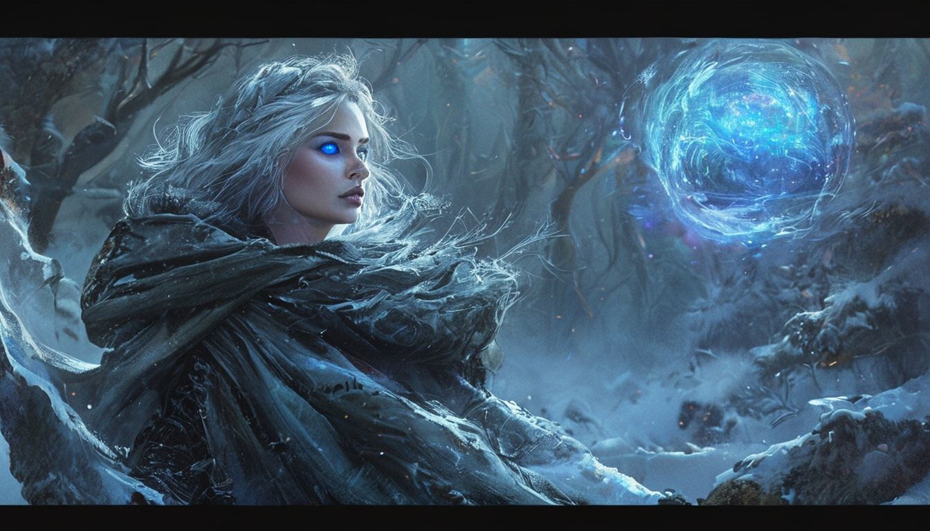 A mystical young woman with silver hair and glowing blue eyes stands amidst an ancient, snow-laden forest, her tattered cloak billowing in the icy wind as she gazes at a floating orb of ethereal li...