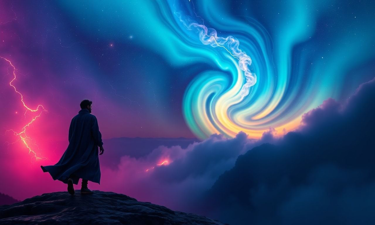 A lone traveler in a flowing indigo robe stands at the precipice of an infinite cosmic storm, their silhouette bathed in the radiant hues of a celestial aurora, as swirling tendrils of luminous gas...