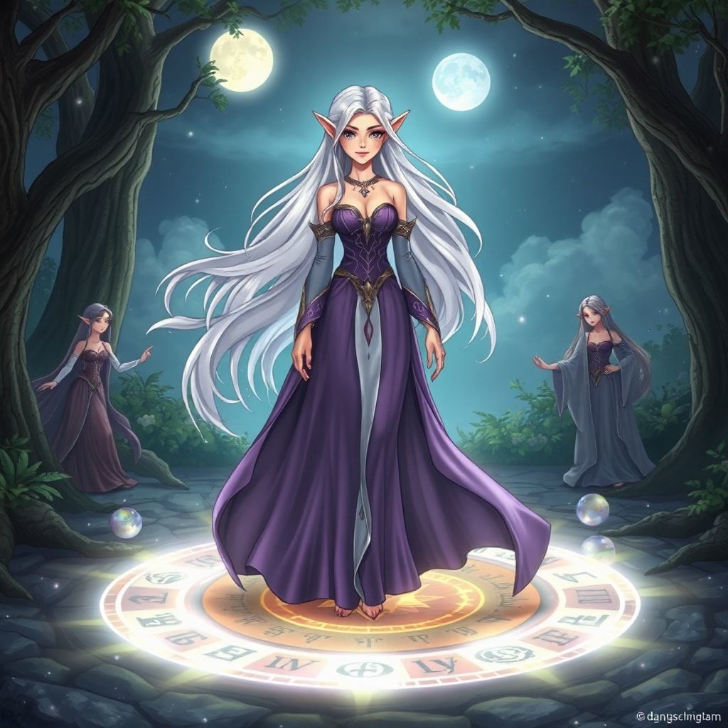 Elven magic circle ritual fantasy scene, beautiful elven maiden with long flowing silver hair standing inside a glowing magical circle, elegant elven woman in a flowing violet and silver dress with a serene expression, ancient runes and symbols forming a luminous circle on the ground, protective ward rising like a dome of light, other elven figures joining hands at the circle edge, sacred grove at night, soft moonlight and mystical particles, cinematic composition, cartoon style, anime art style, fantasy art style, mystical and protective mood, detailed and atmospheric, ethereal beauty, animated style, vibrant colors, cartoon style