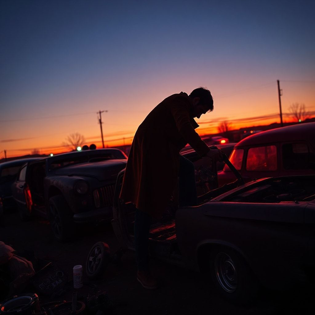 A lone scavenger in a tattered trench coat, silhouette stark against the neon glow of a junkyard at dusk, hunched over a rusted car frame, wrench in hand, shadows stretching long across twisted met...