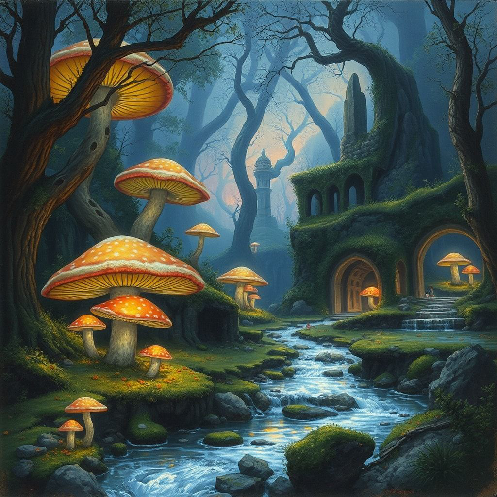 Ancient elven forest at twilight, giant glowing mushrooms, silver streams, moss-covered ruins, soft magical light, detailed fantasy art, painterly style