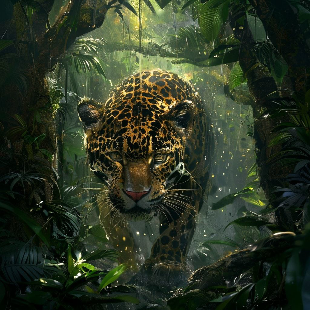 A majestic jaguar, its golden fur glistening with rain, prowls through the dense, misty rainforest under a canopy of ancient trees, emerald leaves filtering dappled sunlight. The air hums with the ...