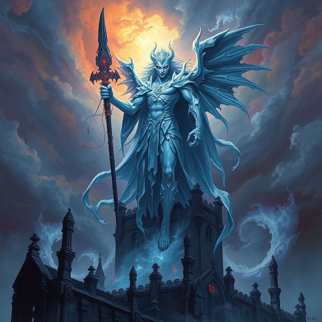 A towering, ethereal figure with silver-blue skin and glowing crimson eyes stands atop a ruined cathedral, wreathed in swirling shadows, raising a jagged obsidian blade as storm clouds churn overhe...