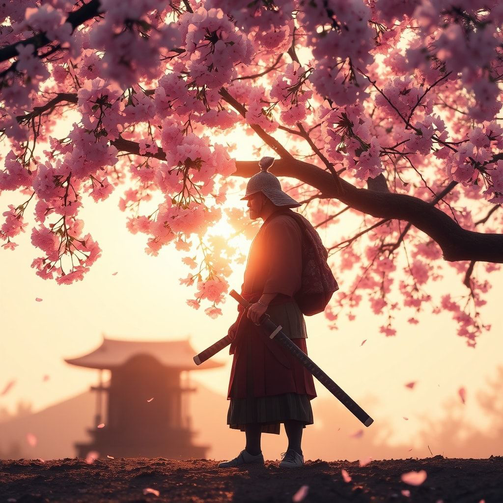 A lone samurai stands beneath a canopy of delicate pink cherry blossoms, his katana resting at his side, bathed in the soft golden light of early morning, surrounded by a gentle breeze that stirs t...