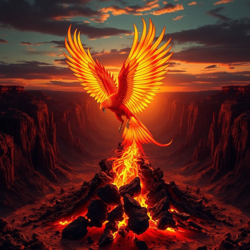A majestic phoenix, its feathers ablaze with golden and crimson hues, rises from a smoldering ash mound in a vast, desolate canyon at dusk, backlit by a fiery sunset casting long shadows, with dram...