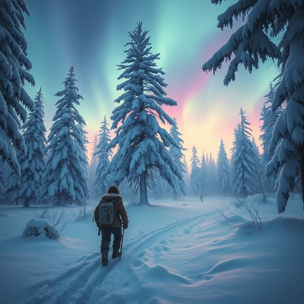 A lone frostbitten traveler in tattered furs trudges through a snow-laden forest at dusk, their breath visible in the crisp air, as ethereal auroras dance above towering ice-covered pines, casting ...